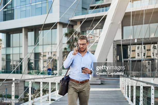 travel, phone call and businessman at airport walking, talking or chatting. contact, mobile and male employee from canada with coffee on smartphone, speaking or networking, conversation or discussion - topnews stock pictures, royalty-free photos & images