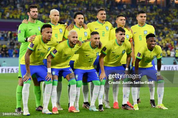 Brazil players pose for a photo prior to the FIFA World Cup Qatar 2022 Round of 16 match between Brazil and South Korea at Stadium 974 on December...