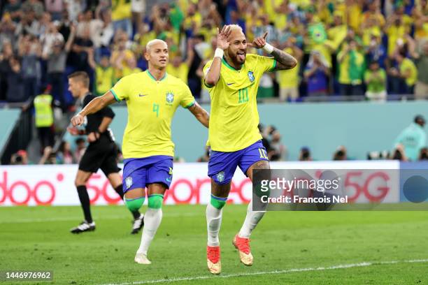 Neymar of Brazil celebrates after scoring the team's second goal during the FIFA World Cup Qatar 2022 Round of 16 match between Brazil and South...