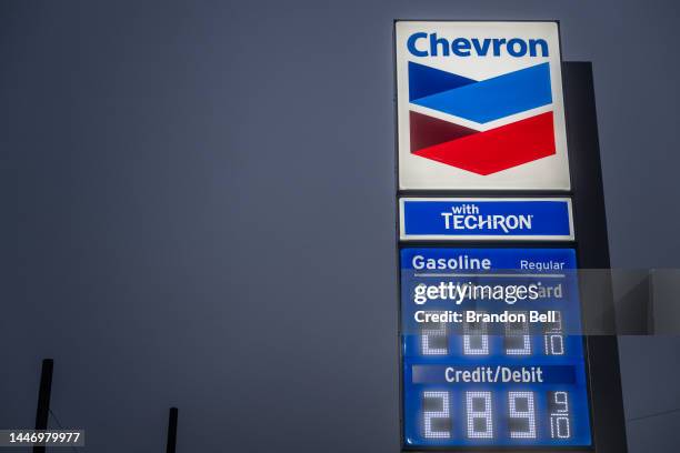 Chevron gas prices on December 05, 2022 in Houston, Texas. U.S. Gas prices have dropped towards $3 a gallon, with global gas prices having steadily...