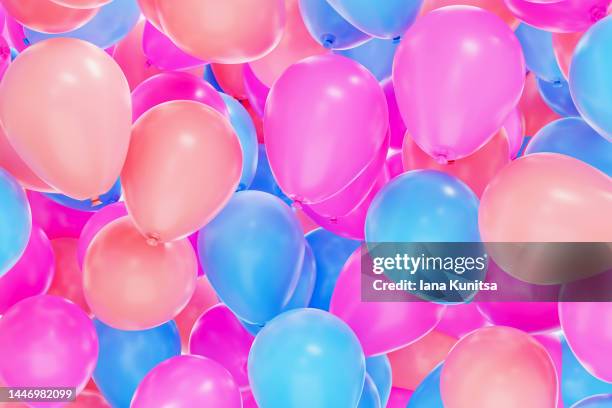 shiny pink, purple and blue balloons. beautiful 3d greeting banner. - birthday balloons photos et images de collection