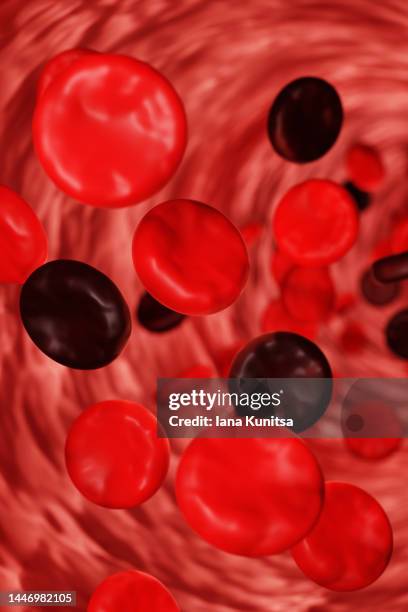 red and black blood cells flowing through artery. cholesterol and blood diseases concept. 3d vertical pattern. - blood flow 個照片及圖片檔