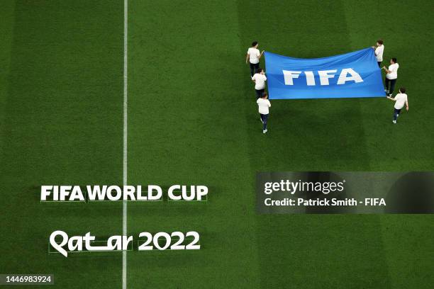 World Cup logos and flag are seen prior to the FIFA World Cup Qatar 2022 Round of 16 match between Brazil and South Korea at Stadium 974 on December...