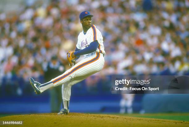 Dwight Gooden of the New York Mets pitches during a Major League Baseball game circa 1988 at Shea Stadium in the Queens borough of New York City....