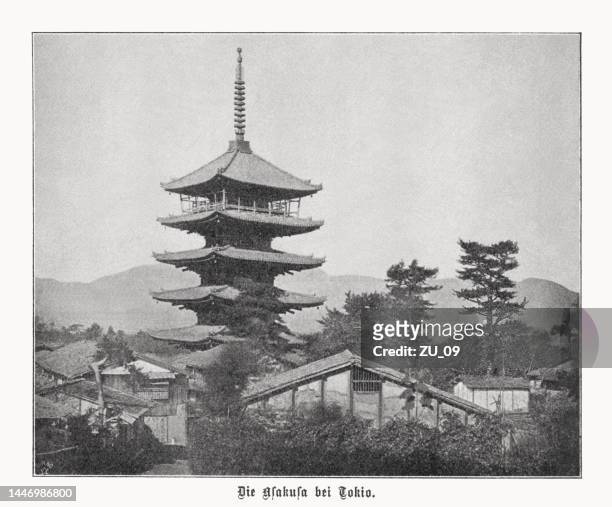 five story pagoda, sensoji temple, tokyo, japan, halftone print, i1899 - sensoji temple stock illustrations