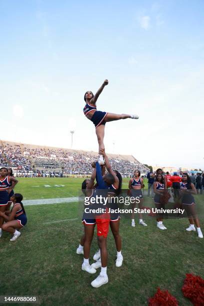 Cheerleaders perform during the Jackson State Tigers and Southern University Jaguars SWAC Football Championship game at Mississippi Veterans Memorial...