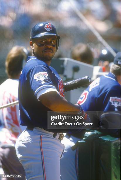 Albert Belle of the Cleveland Indians looks on against the Oakland Athletics during a Major League Baseball game circa 1994 at the Oakland-Alameda...