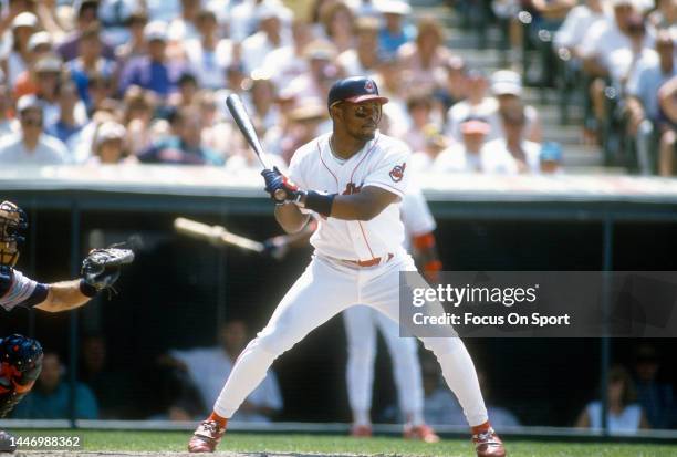 Albert Belle of the Cleveland Indians bats during a Major League Baseball game circa 1994 at Jacobs Field in Cleveland, Ohio. Belle played for the...