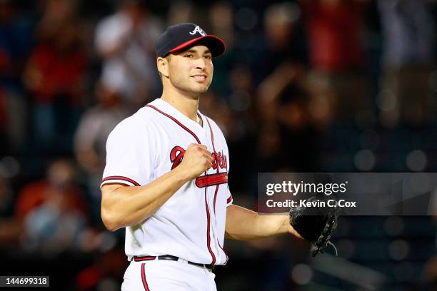 Brandon Beachy of the Atlanta Braves reacts after pitching a complete-game shutout to give the Braves a 7-0 win over the Miami Marlins at Turner...