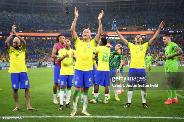 Richarlison of Brazil celebrates after the team's victory during the FIFA World Cup Qatar 2022 Round of 16 match between Brazil and South Korea at...