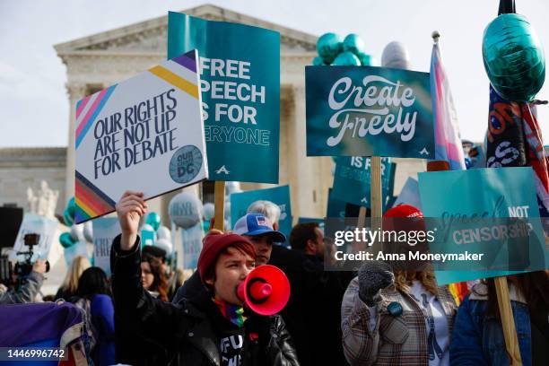 Supporters of web designer Lorie Smith and counter-protesters demonstrate in front of the U.S. Supreme Court Building on December 05, 2022 in...