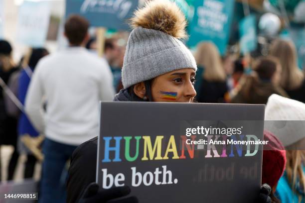 Gay rights supporter demonstrates in front of the U.S. Supreme Court Building on December 05, 2022 in Washington, DC. The U.S. Supreme Court heard...