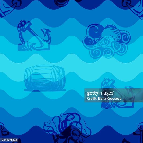 seamless background in nautical retro nautical style. anchor, octopus and barrel on a striped wave background. - nautical style stock illustrations