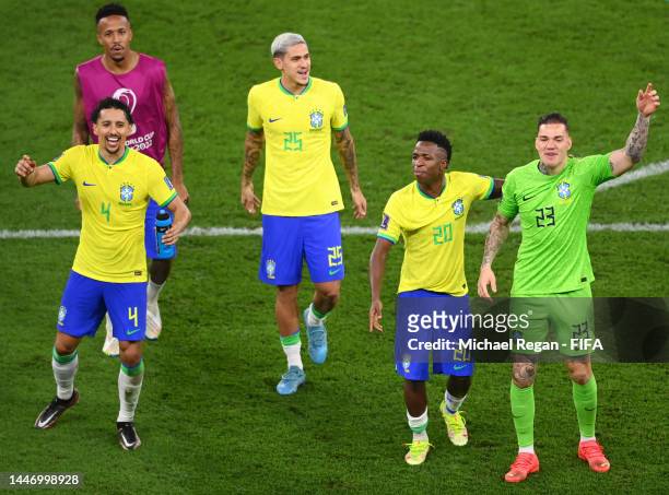 Brazil players celebrate their 4-1 victory in the FIFA World Cup Qatar 2022 Round of 16 match between Brazil and South Korea at Stadium 974 on...