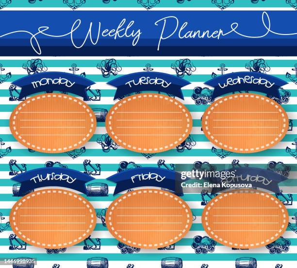 weekly, diary in marine sailing style. paper cardboard note on nautical seamless pattern. - corrugated packaging stock illustrations