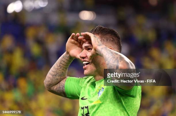 Ederson of Brazil applauds fans after the 4-1 victory in the FIFA World Cup Qatar 2022 Round of 16 match between Brazil and South Korea at Stadium...