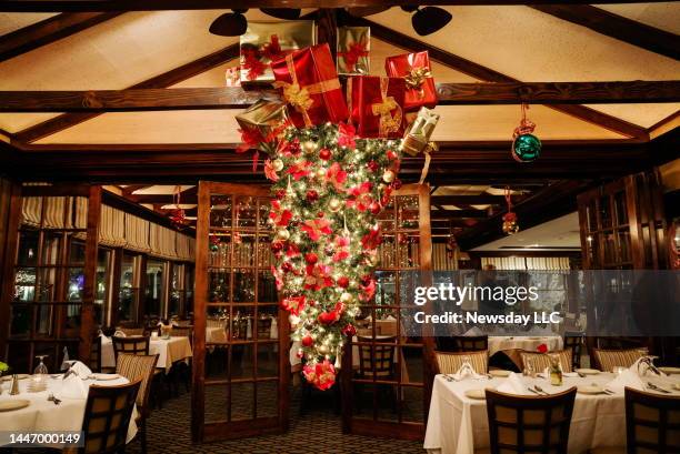 Upside-down Christmas tree decoration at the Snapper Inn in Oakdale, New York on Nov. 23, 2022.