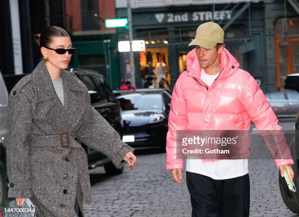 Hailey Bieber and Justin Bieber are seen at "Good Morning America" on December 05, 2022 in New York City.