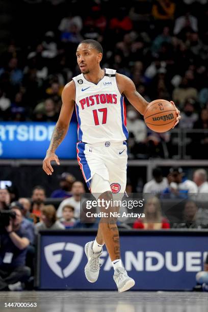 Rodney McGruder of the Detroit Piston handles the ball against the Cleveland Cavaliers at Little Caesars Arena on November 27, 2022 in Detroit,...