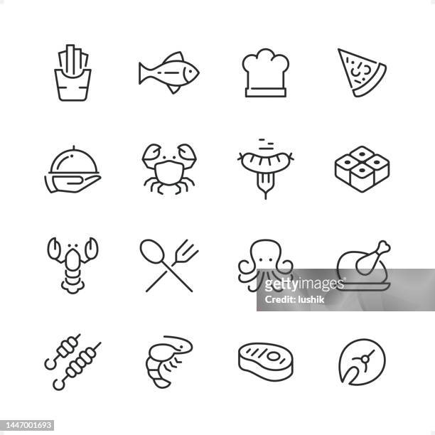 grilled food & seafood - pixel perfect line icon set, editable stroke weight. - crab seafood stock illustrations