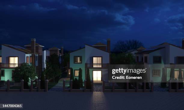 houses with solar panels - housing development rendering stock pictures, royalty-free photos & images