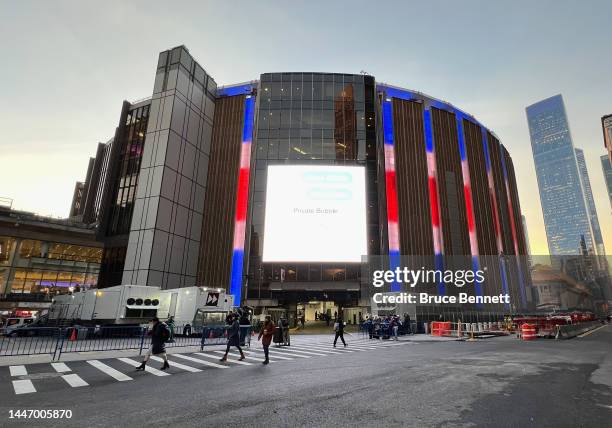An exterior view of Madison Square Garden prior to the game between the New York Rangers and the St. Louis Blues on December 05, 2022 in New York...