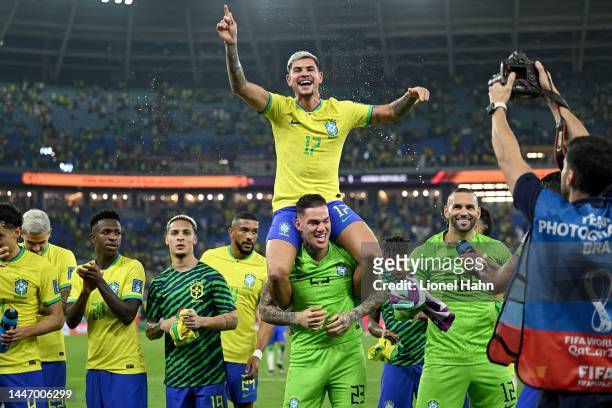 Bruno Guimaraes, Ederson, Antony and Vinicius Junior of Brazil during the FIFA World Cup Qatar 2022 Round of 16 match between Brazil and South Korea...