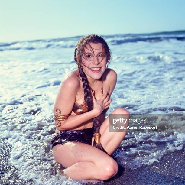 Carrie Fisher on Stinson Beach in Northern California with the cast of Star Wars.