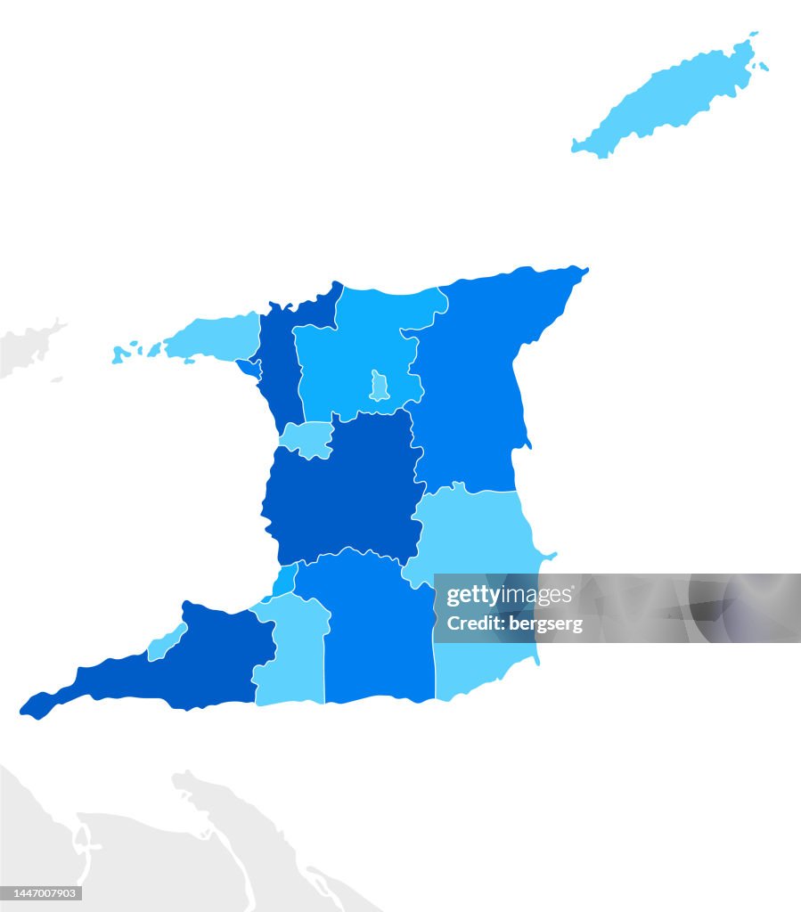 Trinidad y Tobago Mapa azul detallado con regiones