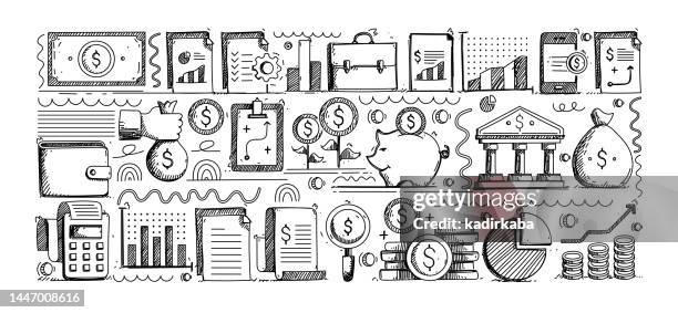 accounting hand drawn vector doodle line icon set. money, tax form, budget, wealth, expenses, revenue, calculator, accountancy, banking, economy, finance, cash flow, currency, mathematics. - cash flow stock illustrations