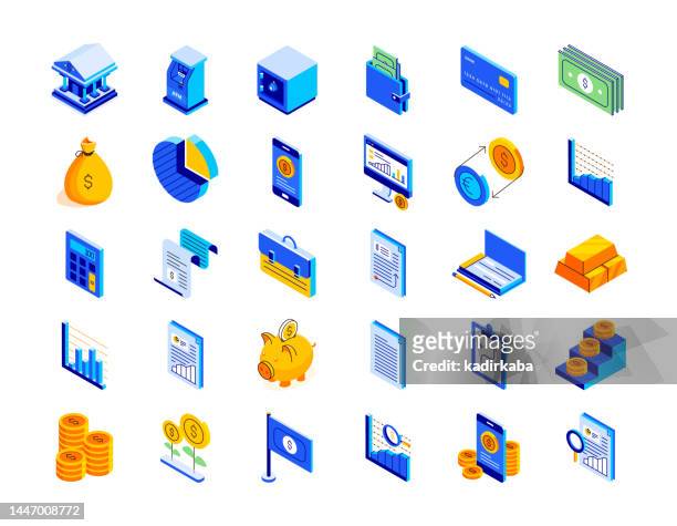 accounting isometric icon set and three dimensional design. money, tax form, budget, wealth, expenses, revenue, calculator, accountancy, banking, economy, finance, cash flow, currency, mathematics. - three dimensional icon stock illustrations