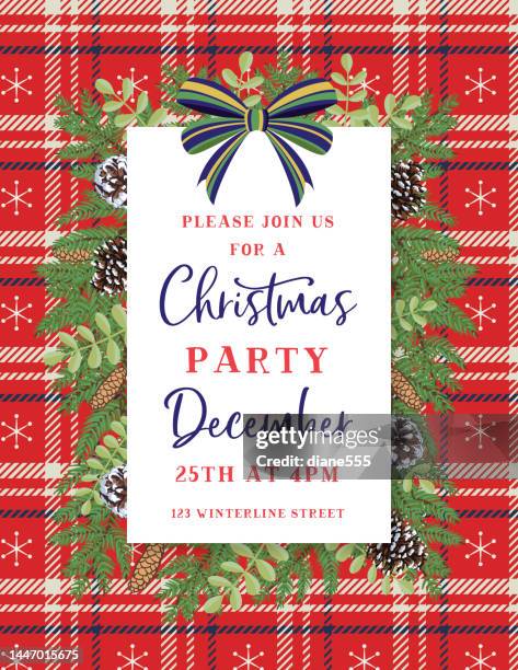 christmas party invitation template with evergreens on plaid - christmas tartan stock illustrations