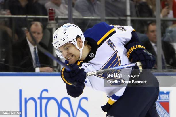 Colton Parayko of the St. Louis Blues breaks his stick taking a first period slapshot against the New York Rangers at Madison Square Garden on...