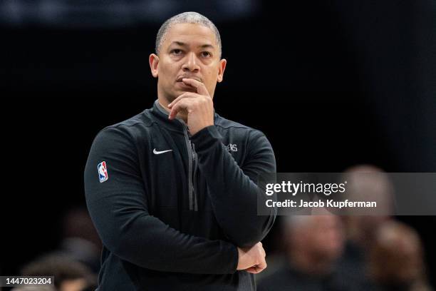 Head coach Tyronn Lue of the LA Clippers looks on in the second quarter during their game against the Charlotte Hornets at Spectrum Center on...