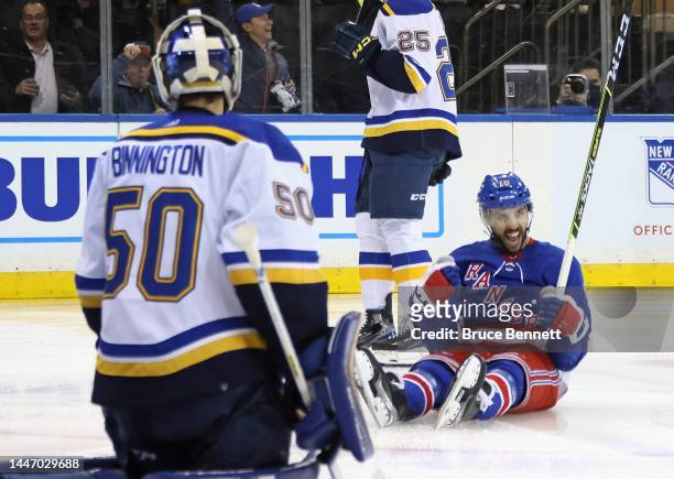 Vincent Trocheck of the New York Rangers celebrates his second period goal against Jordan Binnington of the St. Louis Blues at Madison Square Garden...