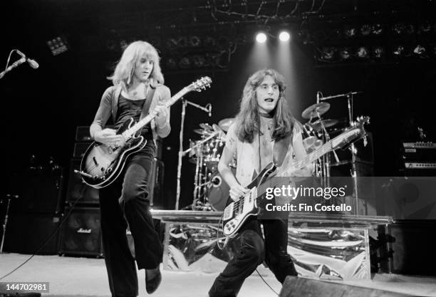 17th DECEMBER: Guitarist Alex Lifeson and bassist Geddy Lee from Canadian progressive rock band Rush perform live on stage at the Public Auditorium...