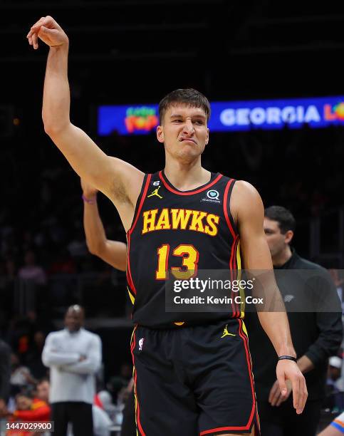 Bogdan Bogdanovic of the Atlanta Hawks reacts after hitting a three-point basket against the Oklahoma City Thunder during the first half at State...