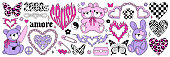 Y2k glamour pink stickers in trendy emo goth 2000s style. Butterfly, kawaii bear, flame, heart etc.