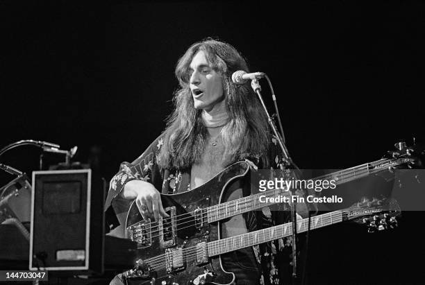 19th FEBRUARY: Bassist Geddy Lee from Canadian progressive rock band Rush performs live on stage at Hammersmith Odeon during 'A Farewell To Kings'...