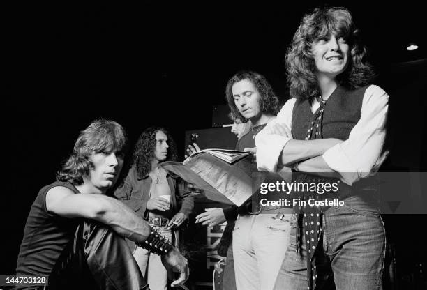 1st JUNE: Cozy Powell, Ronnie James Dio, Ritchie Blackmore and Bob Daisley from rock band Rainbow rehearse at World Stage in Los Angeles in June 1977.