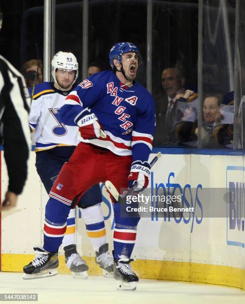 Chris Kreider of the New York Rangers scores a third period shorthanded goal against the St. Louis Blues at Madison Square Garden on December 05,...