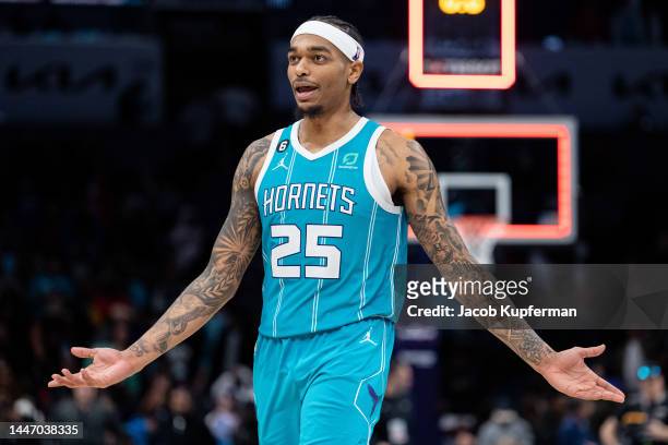 Washington of the Charlotte Hornets reacts after losing to the LA Clippers during their game at Spectrum Center on December 05, 2022 in Charlotte,...