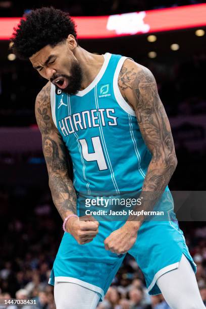 Nick Richards of the Charlotte Hornets reacts in the third quarter during their game against the LA Clippers at Spectrum Center on December 05, 2022...