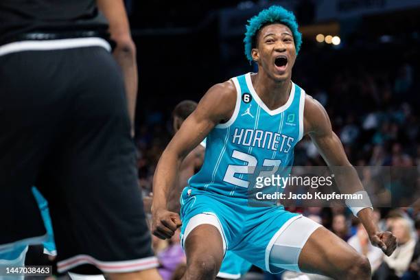 Kai Jones of the Charlotte Hornets reacts in the fourth quarter during their game against the LA Clippers at Spectrum Center on December 05, 2022 in...