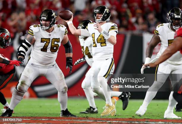 Andy Dalton of the New Orleans Saints looks to throw a pass against the Tampa Bay Buccaneers during the second quarter in the game at Raymond James...