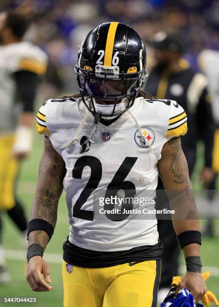 Anthony McFarland Jr. #26 of the Pittsburgh Steelers walks off the field after a win over the Indianapolis Colts at Lucas Oil Stadium on November 28,...
