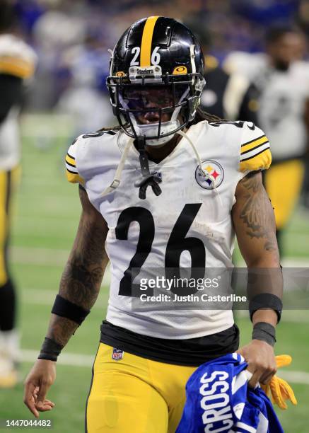 Anthony McFarland Jr. #26 of the Pittsburgh Steelers walks off the field after a win over the Indianapolis Colts at Lucas Oil Stadium on November 28,...