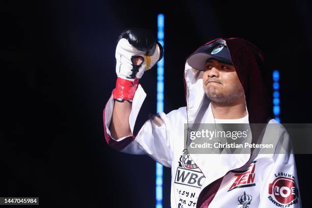 Roman Gonzalez of Nicaragua is introduced to his WBC super flyweight title bout against Juan Francisco Estrada of Mexico at Desert Diamond Arena on...