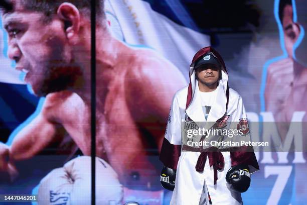 Roman Gonzalez of Nicaragua is introduced to his WBC super flyweight title bout against Juan Francisco Estrada of Mexico at Desert Diamond Arena on...