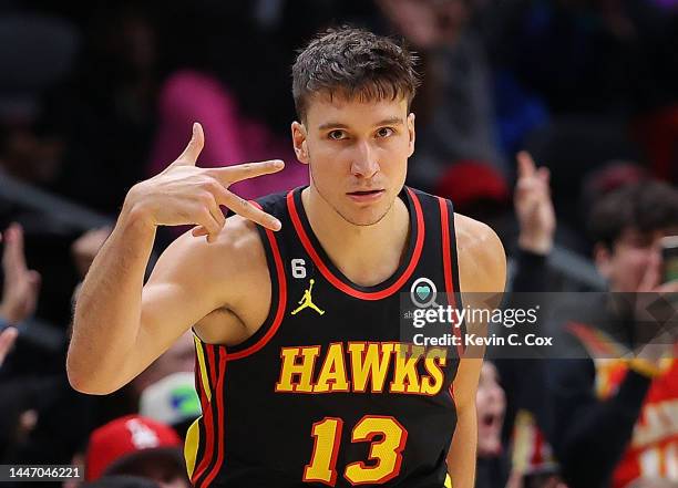 Bogdan Bogdanovic of the Atlanta Hawks reacts after hitting a three-point basket against the Oklahoma City Thunder during the second half at State...